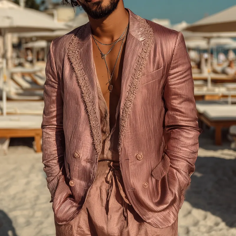 Men's Casual Glossy Striped Tassel Patchwork Notch Lapel Double-breasted Slim-fit Blazer MTA1725G5M sold by Manly product image thumbnail 2