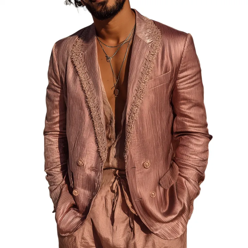 Men's Casual Glossy Striped Tassel Patchwork Notch Lapel Double-breasted Slim-fit Blazer MTA1725G5M sold by Manly