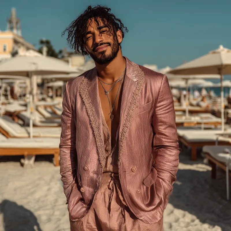 Men's Casual Glossy Striped Tassel Patchwork Notch Lapel Double-breasted Slim-fit Blazer MTA1725G5M sold by Manly product image thumbnail 3