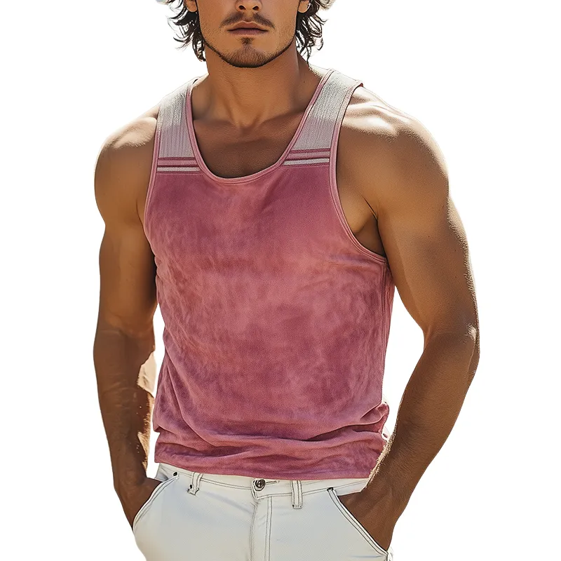 Men's Spring And Summer Fashion Casual Thin Suede Stitching Ribbed Embroidery Slim Fit U-neck Tank Top MTA3032F3K sold by Manly