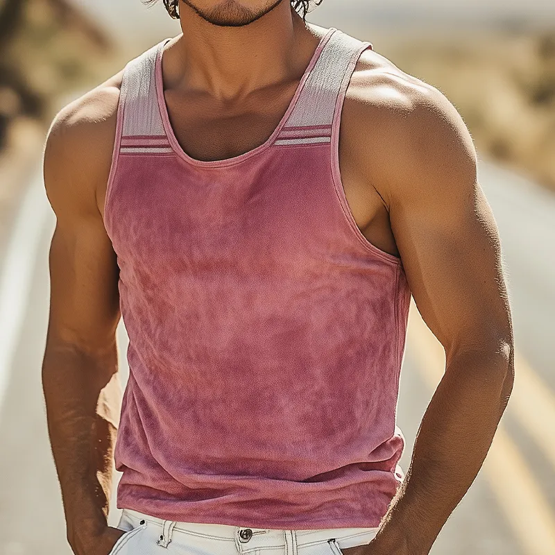 Men's Spring And Summer Fashion Casual Thin Suede Stitching Ribbed Embroidery Slim Fit U-neck Tank Top MTA3032F3K sold by Manly product image thumbnail 5