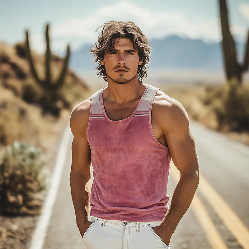 Men's Spring And Summer Fashion Casual Thin Suede Stitching Ribbed Embroidery Slim Fit U-neck Tank Top MTA3032F3K sold by Manly product image thumbnail 3