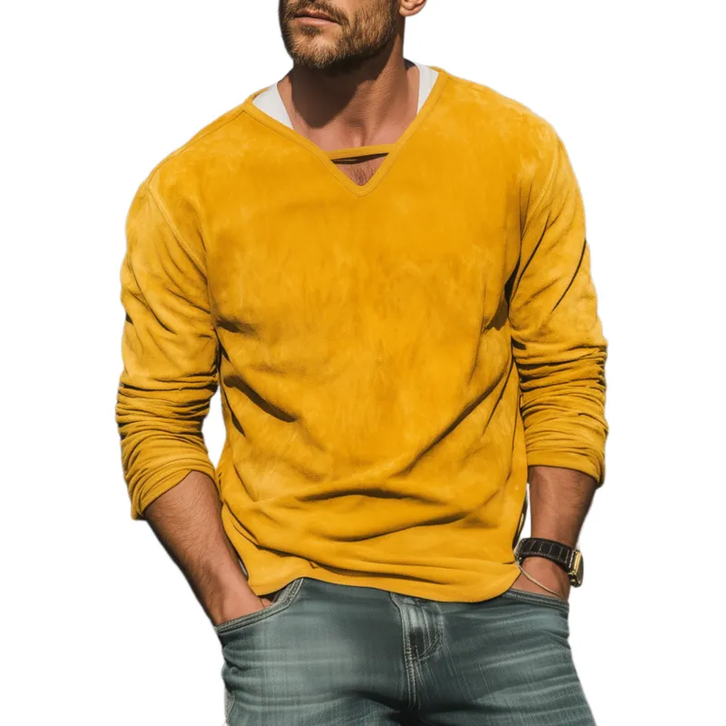 Men's Spring And Summer Fashion Casual Thin Suede V-neck Loose Long-sleeved T-shirt MTA1751G6K sold by Manly