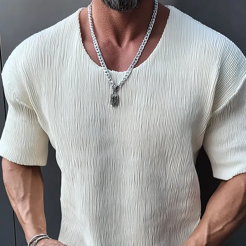 Men's Fashion Pleated Round Neck Short Sleeve T-Shirt MTA1746G3Z sold by Manly product image thumbnail 4