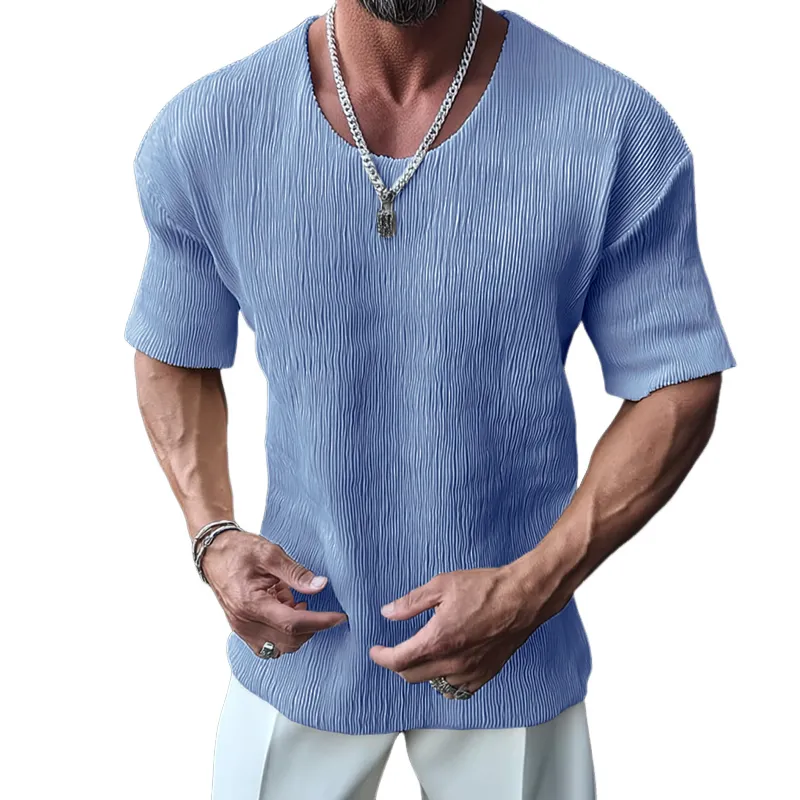 Men's Fashion Pleated Round Neck Short Sleeve T-Shirt MTA1746G3Z sold by Manly
