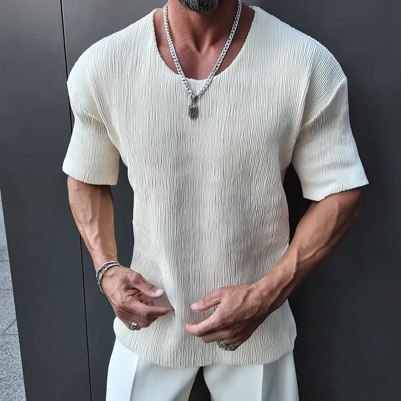 Men's Fashion Pleated Round Neck Short Sleeve T-Shirt MTA1746G3Z sold by Manly product image thumbnail 3