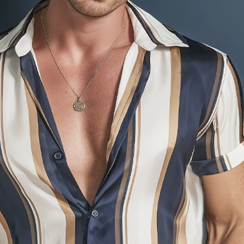 Men's Classic Colorblock Vertical Stripes Satin Short-sleeved Shirt MTA1740G5U sold by Manly product image thumbnail 3