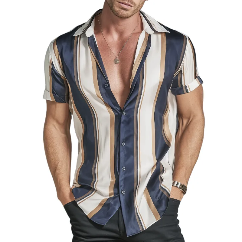 Men's Classic Colorblock Vertical Stripes Satin Short-sleeved Shirt MTA1740G5U sold by Manly