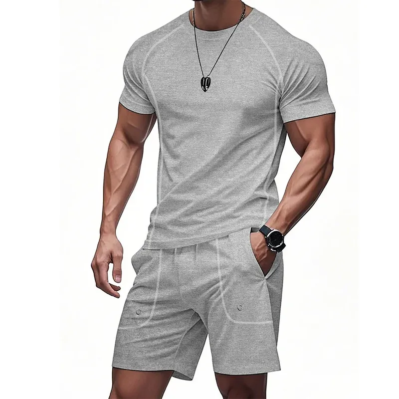 Men's Casual Solid Color Embroidered Short-sleeved Shorts Set MTA1761G7U sold by Manly product image thumbnail 3