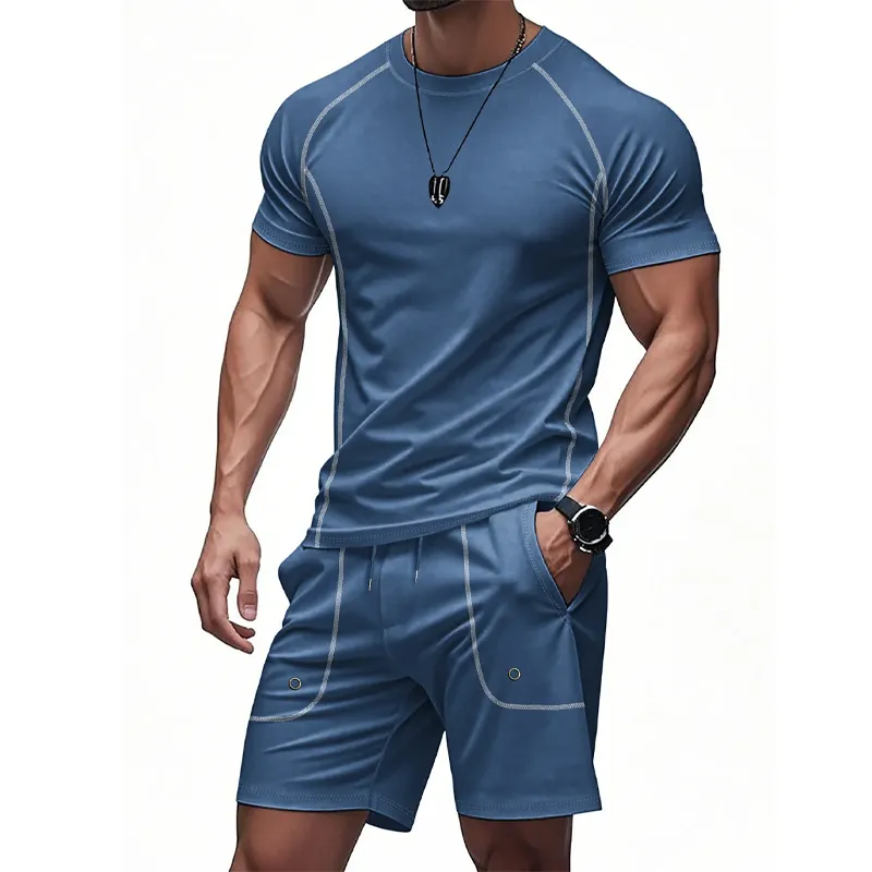 Men's Casual Solid Color Embroidered Short-sleeved Shorts Set MTA1761G7U sold by Manly product image thumbnail 2