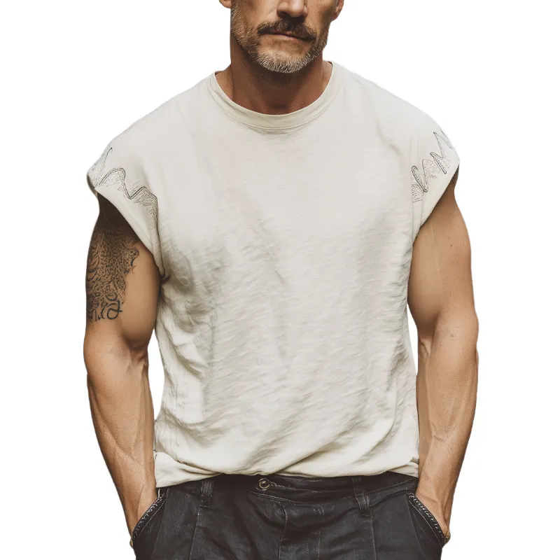 Men's Summer Slub Fabric Embroidered Round Neck Short Sleeve T-Shirt MTA1734G3U sold by Manly