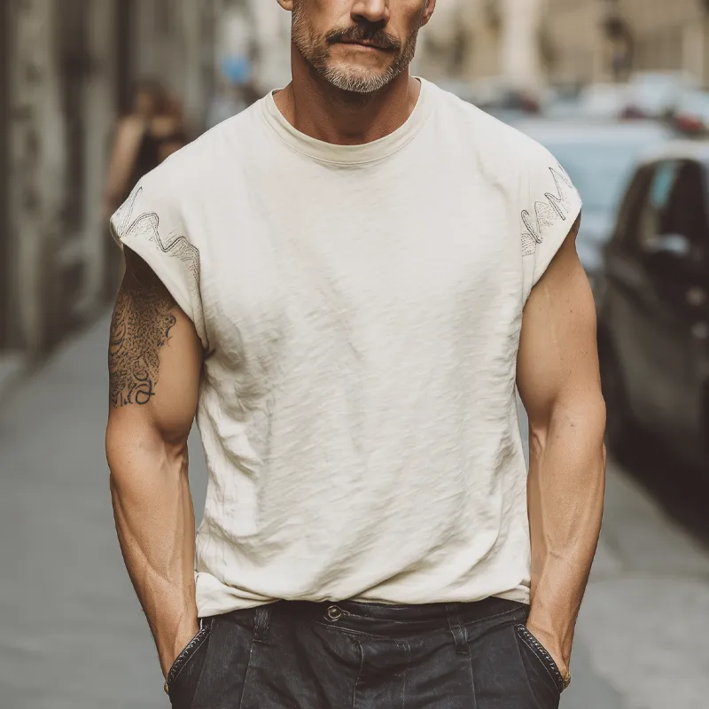 Men's Summer Slub Fabric Embroidered Round Neck Short Sleeve T-Shirt MTA1734G3U sold by Manly product image thumbnail 2