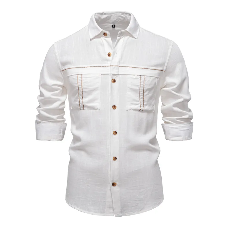 Men's Cotton And Linen Casual Solid Color Long-sleeved Shirt MTA1666G3X sold by Manly
