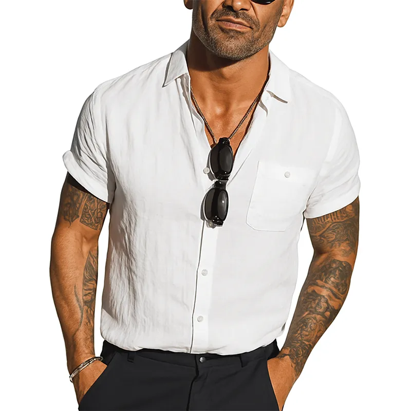 Men's Solid Color Cotton And Linen Blended Lapel Short-sleeved Shirt MTA1722G3X sold by Manly product image thumbnail 3
