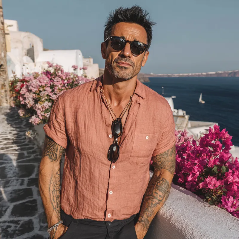 Men's Solid Color Cotton And Linen Blended Lapel Short-sleeved Shirt MTA1722G3X sold by Manly product image thumbnail 5