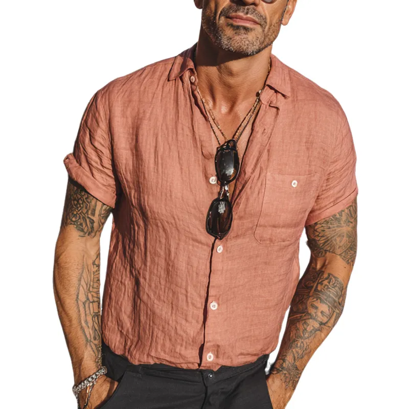 Men's Solid Color Cotton And Linen Blended Lapel Short-sleeved Shirt MTA1722G3X sold by Manly