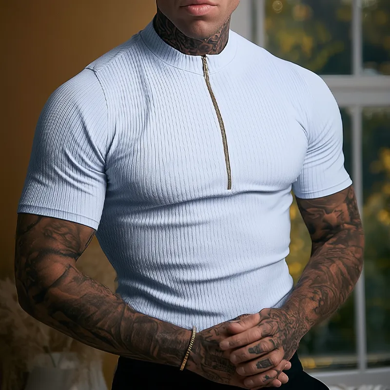 Men's Slim Fit Knitted Half-zip Pullover Short-sleeved Shirt MTA1785G8X sold by Manly product image thumbnail 2