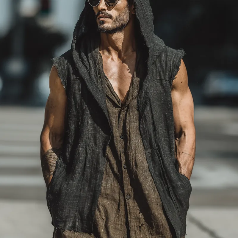 Men's Cotton And Linen Solid Color Sleeveless Hooded Tank Top MTA1760G9X sold by Manly product image thumbnail 2