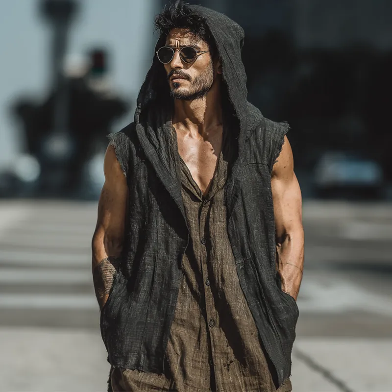 Men's Cotton And Linen Solid Color Sleeveless Hooded Tank Top MTA1760G9X sold by Manly product image thumbnail 4