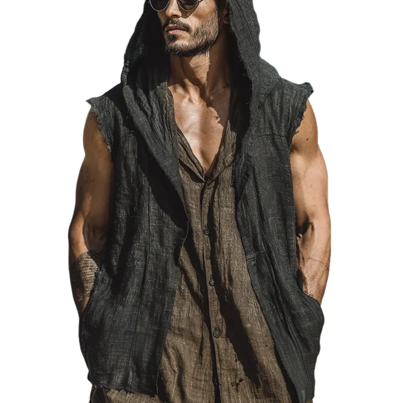 Men's Cotton And Linen Solid Color Sleeveless Hooded Tank Top MTA1760G9X sold by Manly