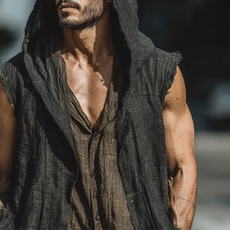 Men's Cotton And Linen Solid Color Sleeveless Hooded Tank Top MTA1760G9X sold by Manly product image thumbnail 3