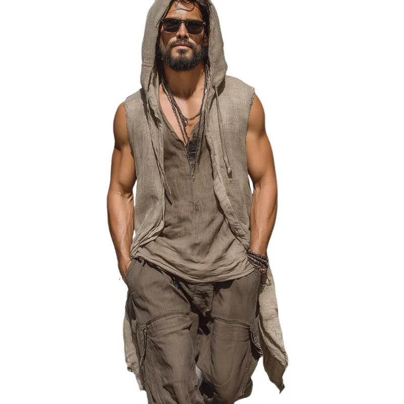 Men's Cotton And Linen Solid Color Sleeveless Hooded Cardigan MTA1706G0X sold by Manly