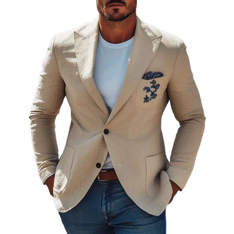 Men's Classic Casual Cotton And Linen Chest Patch Pocket Embroidery Single-breasted Slim-fit Blazer MTA1923G4K sold by Manly