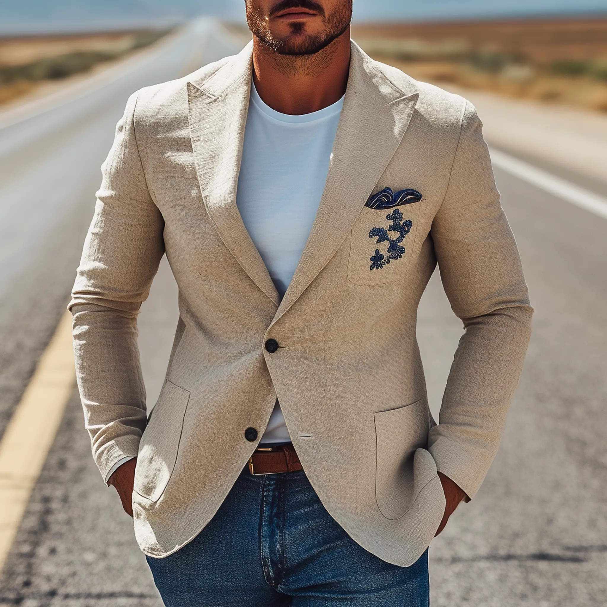 Men's Classic Casual Cotton And Linen Chest Patch Pocket Embroidery Single-breasted Slim-fit Blazer MTA1923G4K sold by Manly product image thumbnail 2