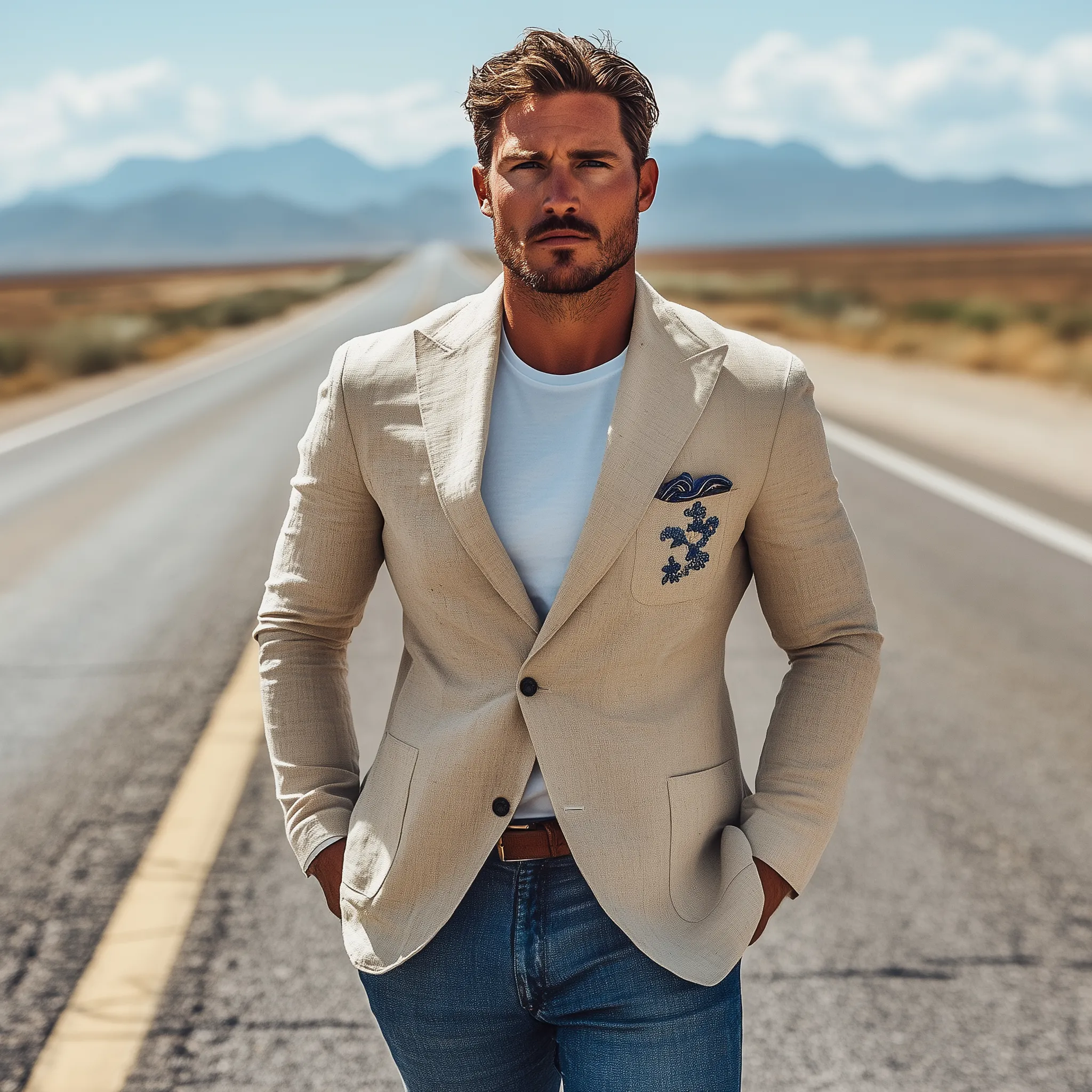 Men's Classic Casual Cotton And Linen Chest Patch Pocket Embroidery Single-breasted Slim-fit Blazer MTA1923G4K sold by Manly product image thumbnail 3