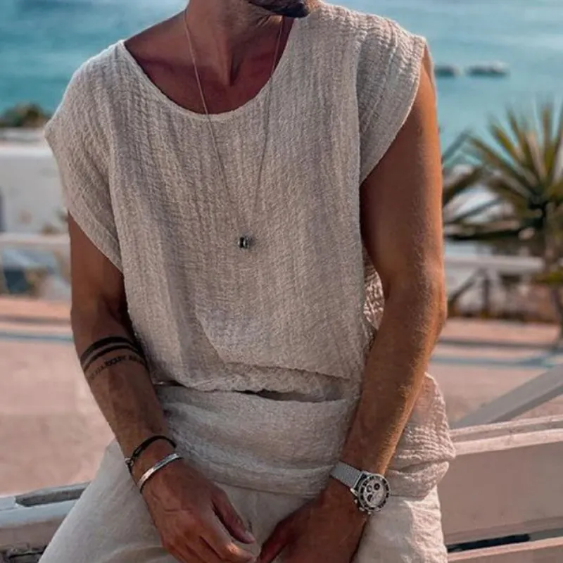 Men's Cotton And Linen Round Neck Solid Color Short-sleeved T-shirt MTA1992G6X sold by Manly product image thumbnail 2