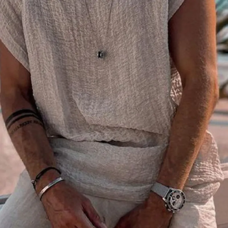 Men's Cotton And Linen Round Neck Solid Color Short-sleeved T-shirt MTA1992G6X sold by Manly product image thumbnail 4