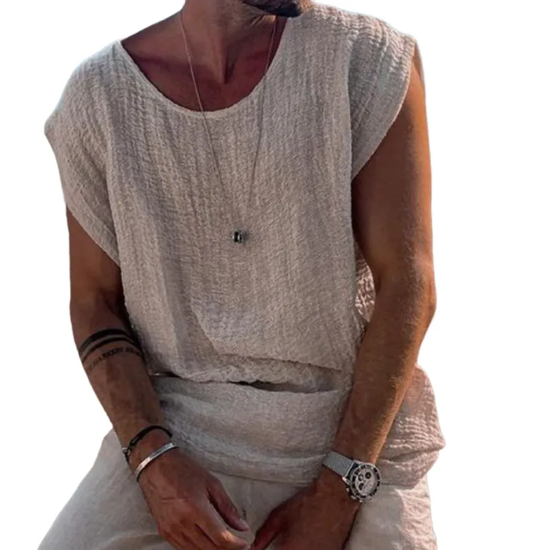 Men's Cotton And Linen Round Neck Solid Color Short-sleeved T-shirt MTA1992G6X sold by Manly