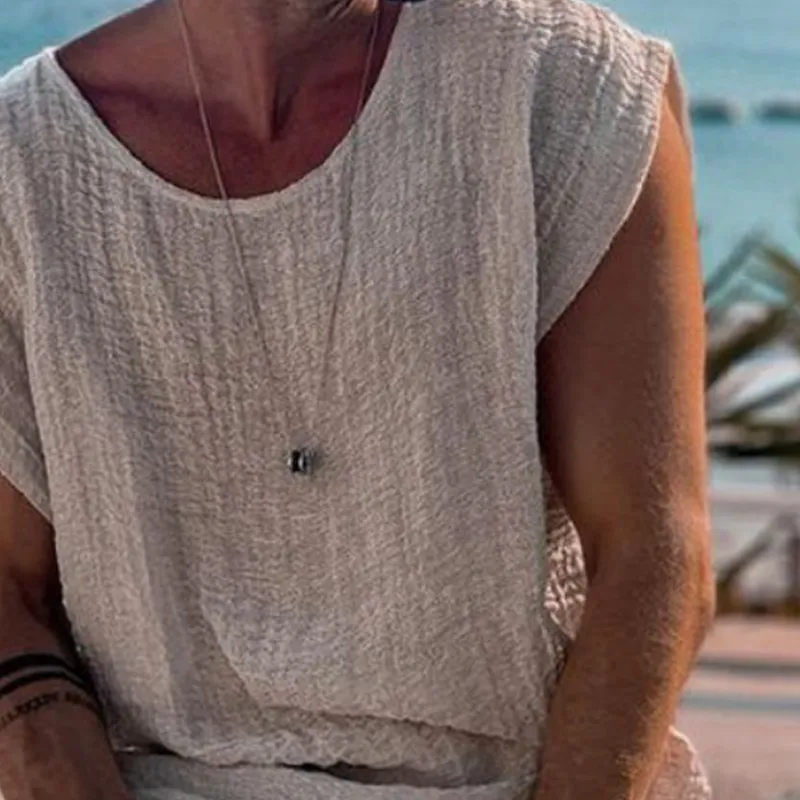 Men's Cotton And Linen Round Neck Solid Color Short-sleeved T-shirt MTA1992G6X sold by Manly product image thumbnail 3