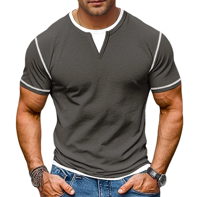 Men's Contrast Color V-Neck Cotton Blend Short Sleeve T-Shirt MTA1932G9X sold by Manly