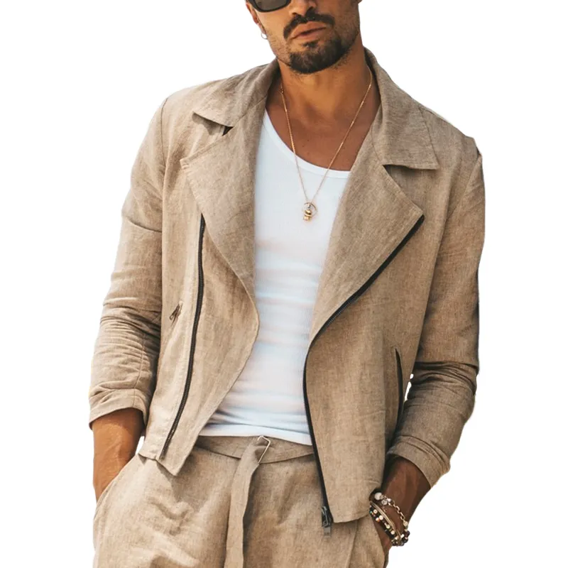 Men's Linen Solid Biker Zip-Up Jacket MTA1949G4X sold by Manly