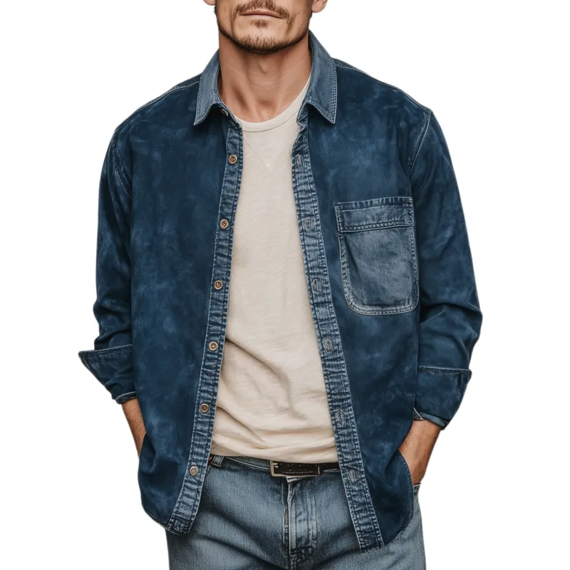 Men's Fashion Casual Thin Suede Splicing Denim Washed Long Sleeve Shirt MTA1901G0K sold by Manly