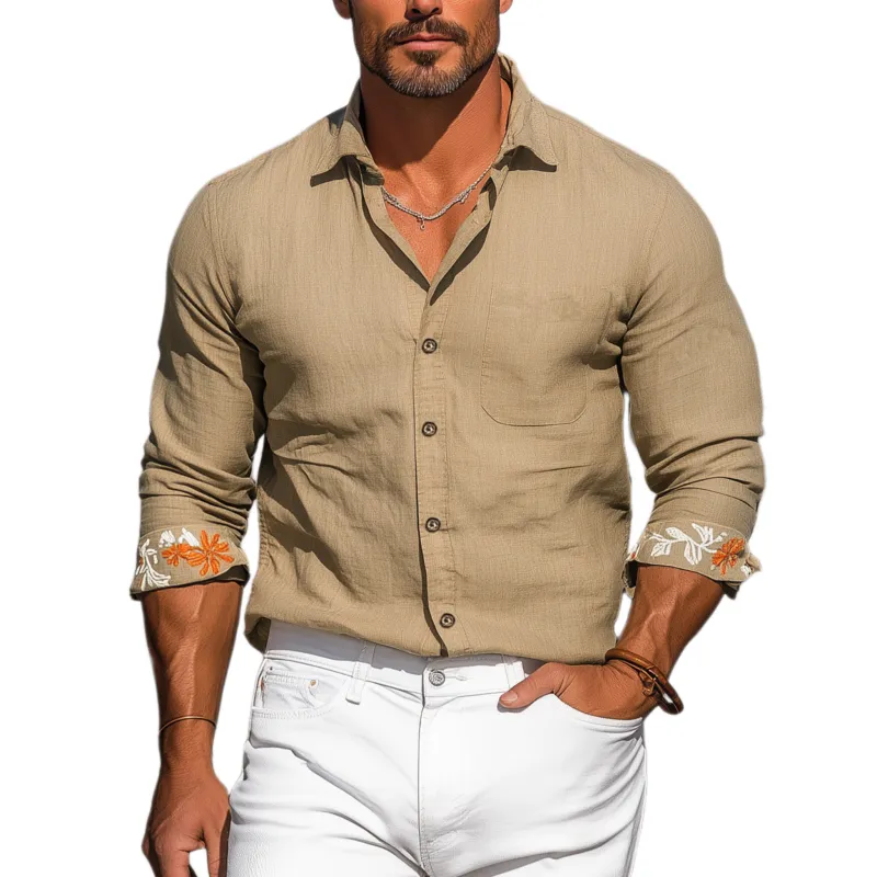 Men's Classic Casual Cotton And Linen Blended Cuff Embroidery Slim Fit Long Sleeve Shirt MTA1907G5K sold by Manly