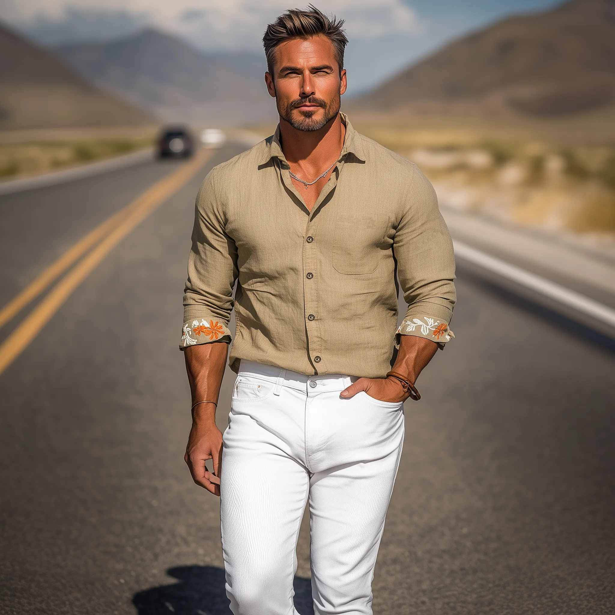 Men's Classic Casual Cotton And Linen Blended Cuff Embroidery Slim Fit Long Sleeve Shirt MTA1907G5K sold by Manly product image thumbnail 3