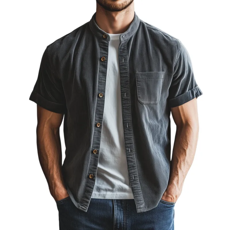 Men's Classic Casual Thin Corduroy Cuffs Roll-up Collar Short-sleeved Shirt MTA1974G6K sold by Manly