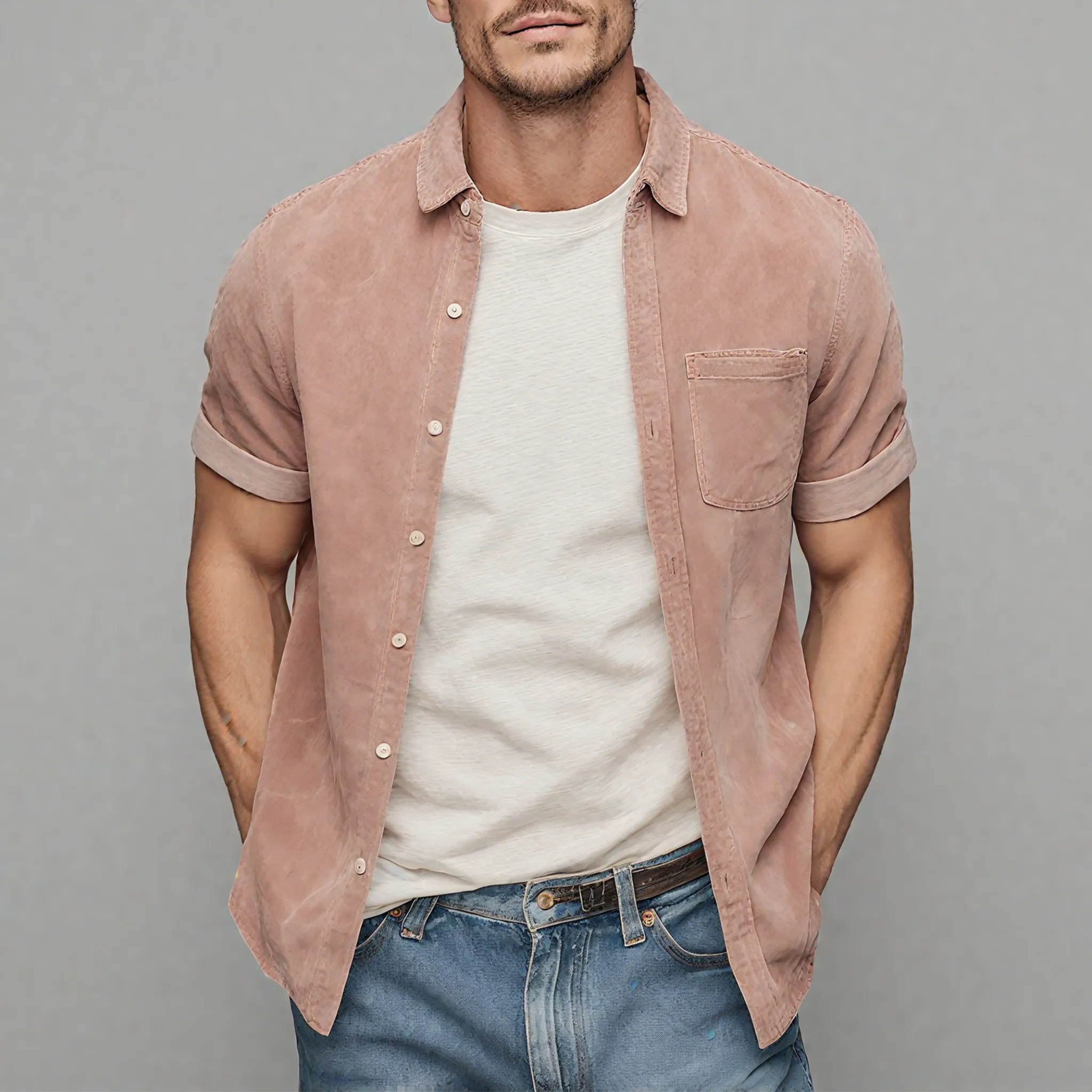 Men's Classic Casual Thin Suede Cuff Rolled Short Sleeve Shirt MTA1935G7K sold by Manly product image thumbnail 2