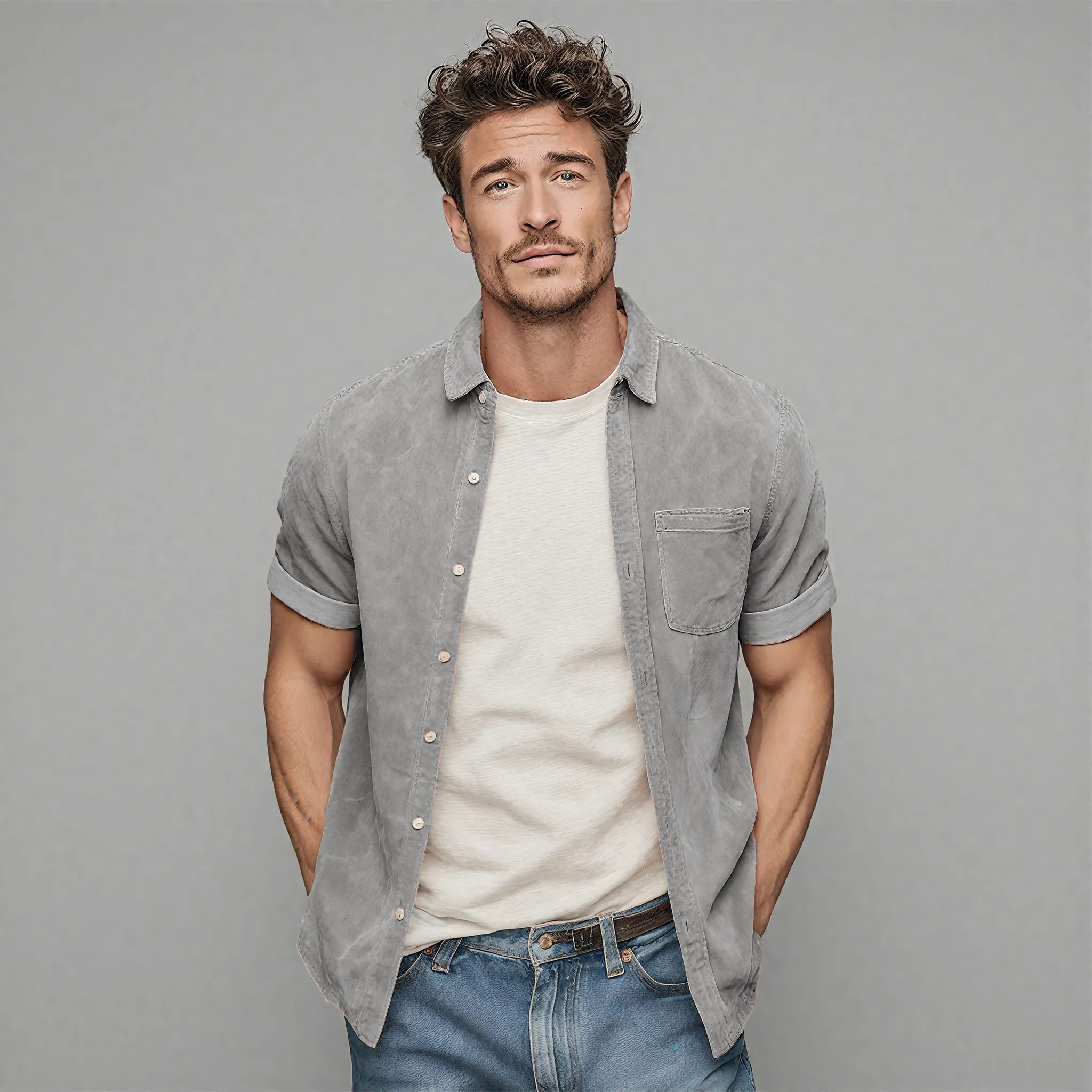 Men's Classic Casual Thin Suede Cuff Rolled Short Sleeve Shirt MTA1935G7K sold by Manly product image thumbnail 4