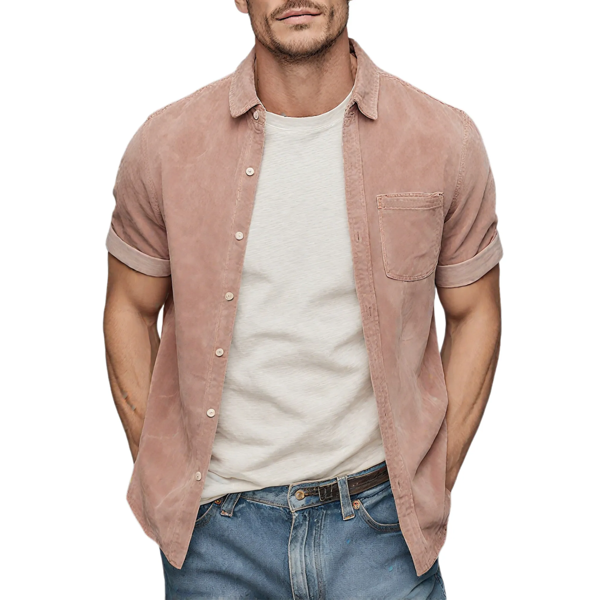 Men's Classic Casual Thin Suede Cuff Rolled Short Sleeve Shirt MTA1935G7K sold by Manly