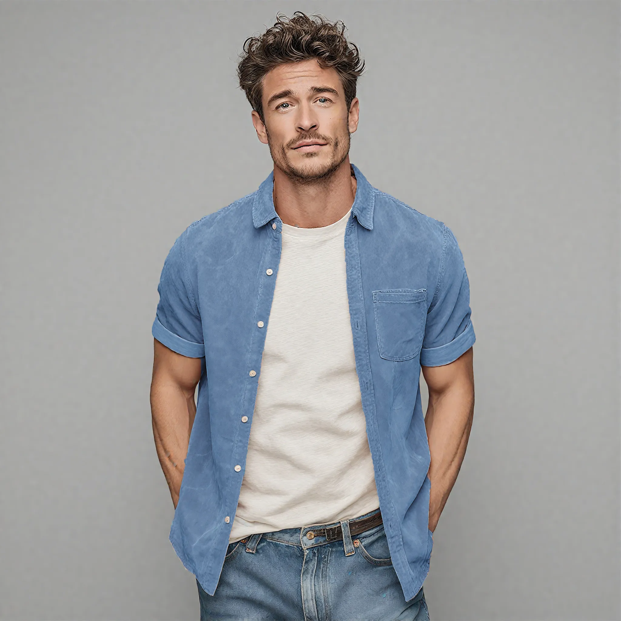 Men's Classic Casual Thin Suede Cuff Rolled Short Sleeve Shirt MTA1935G7K sold by Manly product image thumbnail 5