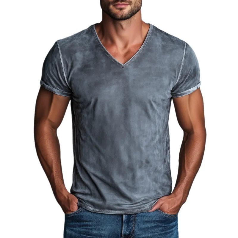 Men's Classic Casual Thin Suede Washed Distressed V-neck Slim Short-sleeved T-shirt MTA1920G5K sold by Manly