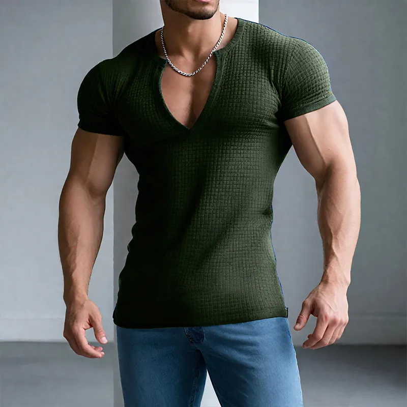 Men's Retro Casual Solid Color Waffle V-Neck Short Sleeve T-Shirt MTA1965G2TO sold by Manly product image thumbnail 3