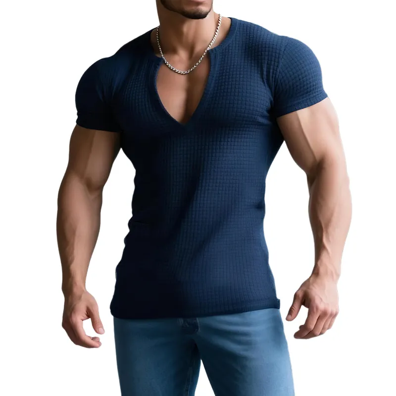 Men's Retro Casual Solid Color Waffle V-Neck Short Sleeve T-Shirt MTA1965G2TO sold by Manly