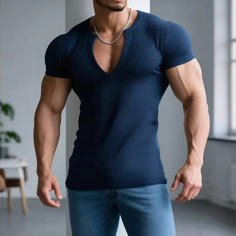 Men's Retro Casual Solid Color Waffle V-Neck Short Sleeve T-Shirt MTA1965G2TO sold by Manly product image thumbnail 4