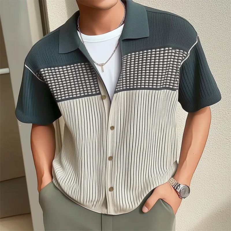 Men's Business Colorblock Knitted Button Short Sleeve Shirt MTA1825G7U sold by Manly product image thumbnail 2