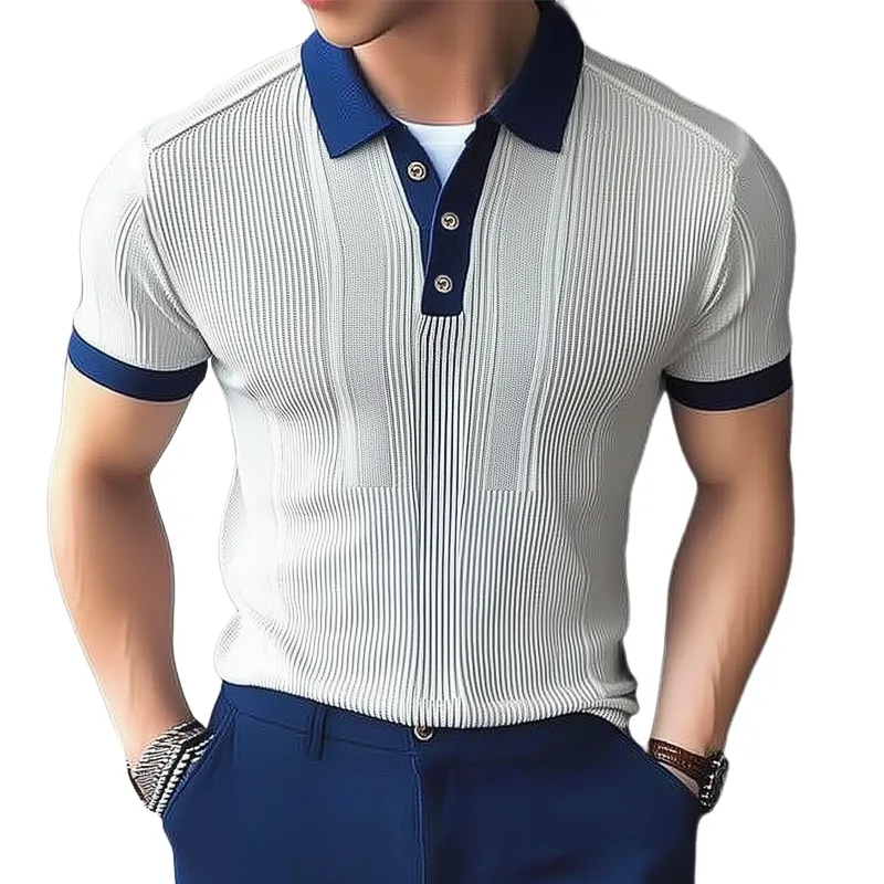 Men's Business Knitted Colorblock Polo Neck Short Sleeve T-Shirt MTA1987G6U sold by Manly