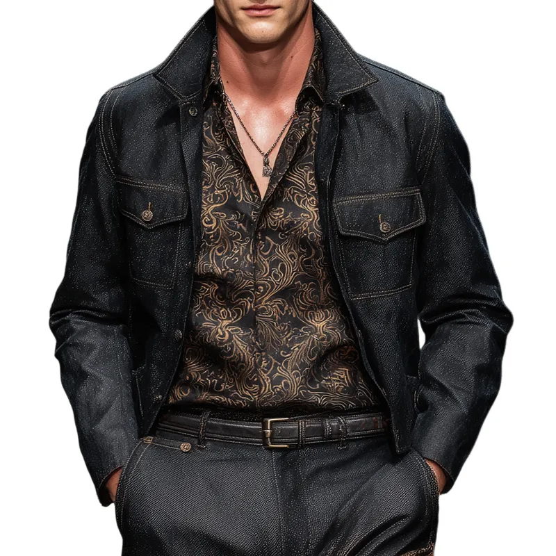 Men's Denim Stand Collar Chest Pocket Casual Jacket MTA1876G6Z sold by Manly